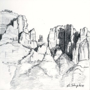 Day 10. "Cathedral Rock" by Beverly Shipko, Pencil on bristol board, 6 x 6 inches.