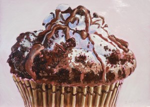 Day 2. "Crumbs Devil's Food Cupcake" by Beverly Shipko, Oil on panel, 5 x 7 inches.