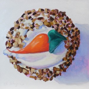 Day 4. "Crumbs Carrot Cupcake" by Beverly Shipko, Oil on panel, 6 x 6 inches.