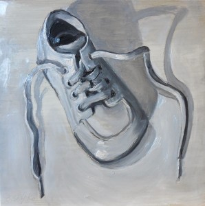 "Laura's Baby Shoe" by Beverly Shipko, Oil sketch on panel, 6 x 6 inches.