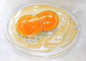 Day 14. "Double Yolk Egg" by Beverly Shipko, Oil painting on cradled panel, 5 x 7 inches.