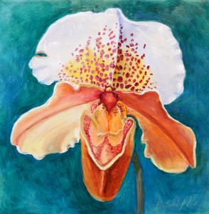 Day 15. "Tiger Orchid" by Beverly Shipko, Oil painting on cradled panel, 6 x 6 inches.