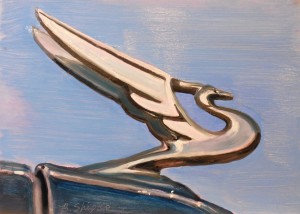 Day 15. "Chevy Vintage Phoenix Hood Oranament" by Beverly Shipko, Oil painting on cradled panel, 5 x 7 inches.