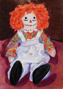Day 17. "Raggedy Ann" by Beverly Shipko, Oil painting on cradled panel, 7 x 5 inches.