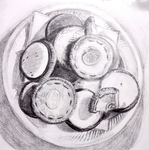 Day 21. "Graham's Plate of Oreo Cookies" by Beverly Shipko, Unfinished pencil drawing on bristol board, 6 x 6 inches.