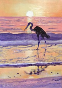 Day 27. "Crane at Sunset" by Beverly Shipko, Oil on cradled panel, 7 x 5 inches.