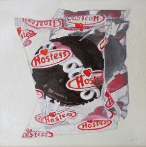 Day 29. "Hostess Cupcake with Wrapper" by Beverly Shipko, Oil painting on cradled panel, 6 x 6 inches.