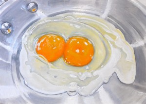 Day 30. "Double Yolk Egg Cooking" by Beverly Shipko, Oil painting on cradled panel, 5 x 7 inches.