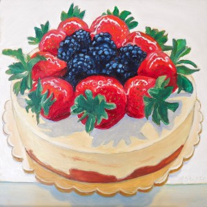 Day 28. "Strawberry Blackberry Cheesecake" by Beverly Shipko, Oil painting on cradled panel, 6 x 6 inches.