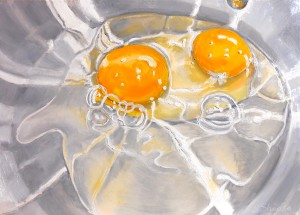 Day 31 of the 30/30 Challenge. "Double Yolk Egg Raw" by Beverly Shipko, Oil painting on cradled panel, 5 x 7 inches.