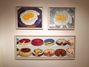 "Cooked Double Yolk Egg", "Raw Double Yolk Egg", and "Cafe Lalo" by Beverly Shipko, Oil on canvas.