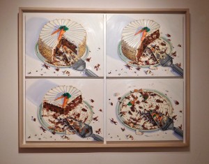 "Bonnie's Carrot Cake - 4 Panels" by Beverly Shipko, Oil on canvas, 33 x 41 inches.