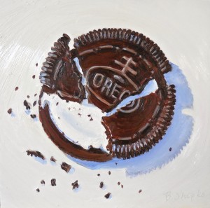 "Eva's Oreo Cookie in 3 Pieces" by Beverly Shipko, Oil on cradled wood panel, 6 x 6 inches.