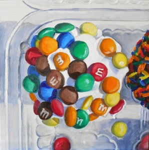"Crumbs M&M Mini Cupcake", by Beverly Shipko, Oil on cradled wood panel, 6 x 6 inches