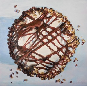 Day 6. "Crumbs Praline Cupcake" by Beverly Shipko, Oil on cradled wood panel, 6 x 6 inches