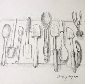 "Jay's Spatulas" by Beverly Shipko, Pencil drawing on bristol board, 6 x 6 inches