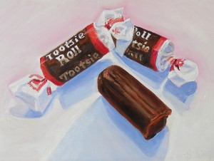 "Three Mini Tootsie Rolls" by Beverly Shipko, Oil sketch on cradled wood panel, 5 x 7 inches