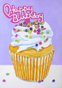 "Happy Birthday! Cupcake" by Beverly Shipko, Acrylic on wood cradled panel, 7 x 5 inches