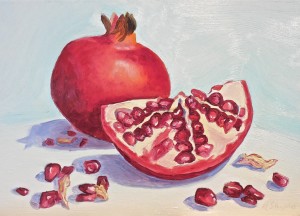 "Pomegranates" by Beverly Shipko, Oil on wood panel, 5 x 7 inches.