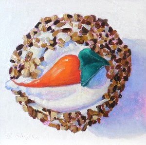 "Crumbs Carrot Cupcake" by Beverly Shipko, Oil on panel, 6 x 6 inches.
