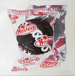 "Hostess Cupcake with Wrapper" by Beverly Shipko, Oil painting on cradled panel, 6 x 6 inches.